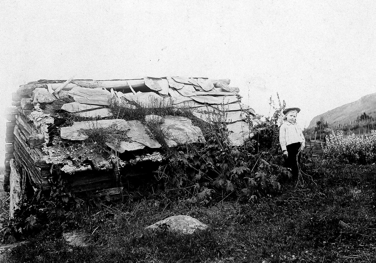 Gutt med hatt og hvit skjorte foran forfallent uthus med skifertak. Muligens seterområde i flellterreng.
Serie tatt av Robert Collett (1842-1913), amatørfotograf og professor i zoologi. 