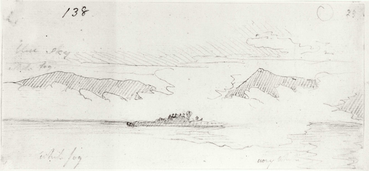 Oslofjorden. Blyantskisse av John Edy: Drawings, Norway, 1800. "Tåke på fjorden". Skissealbum utlånt av Deichmanske bibliotek.
