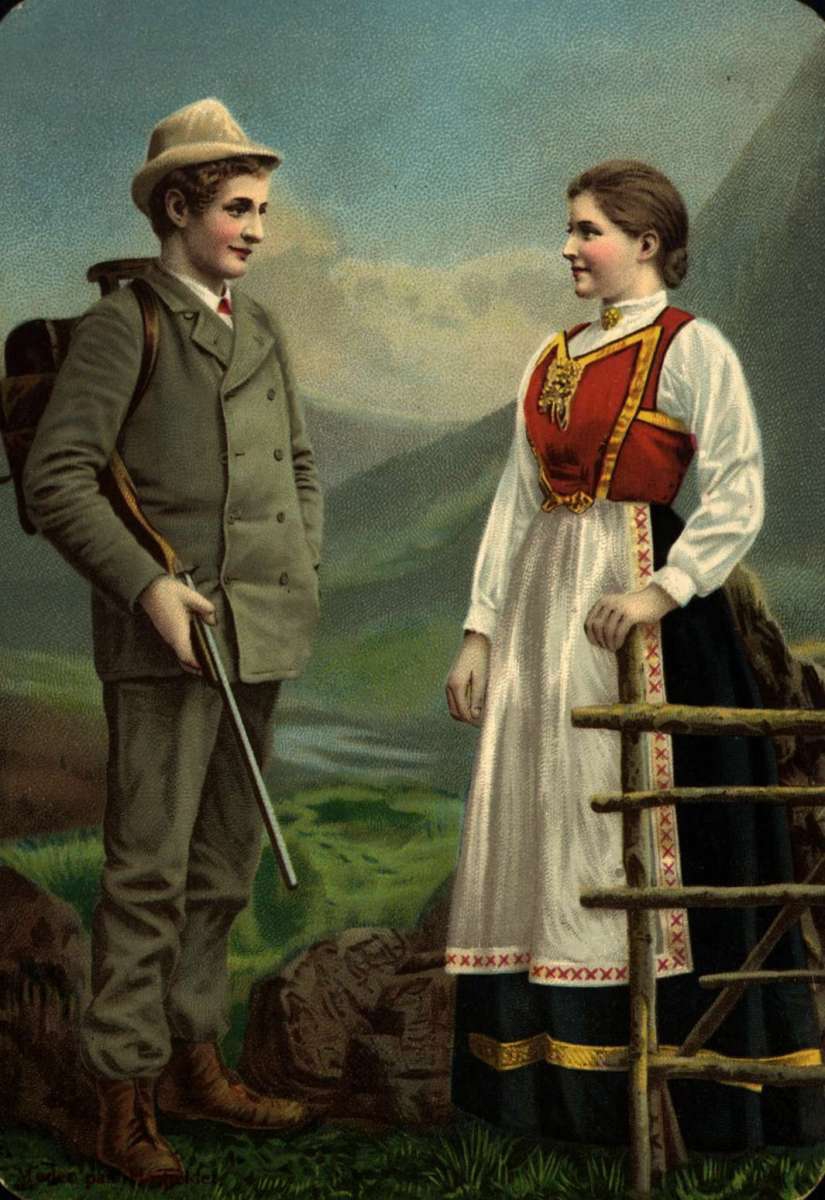 Postkort. Jule- og nyttårshilsen. Sommermotiv. En ung jeger møter en ung kvinne i folkedrakt. Landskap. Datert 24.12.1894.