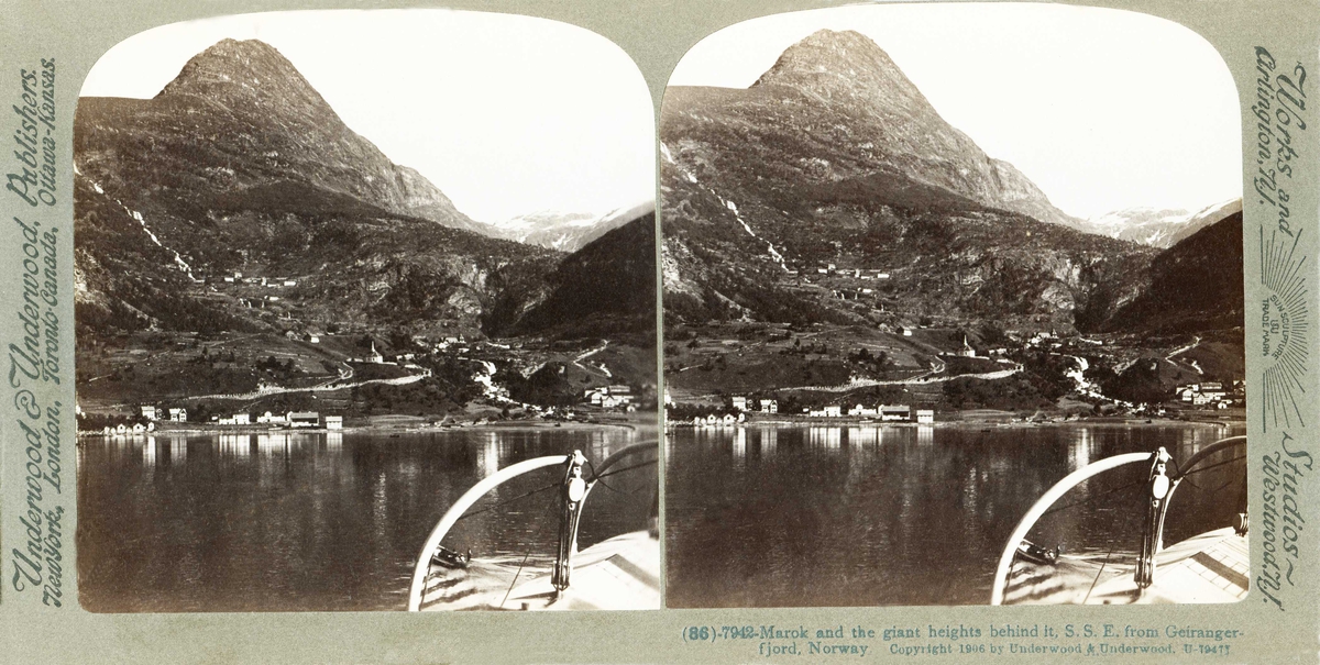 Stereoskopi. Maråk, Stranda, Møre og Romsdal, fotografert fra båt på Geirangerfjorden.