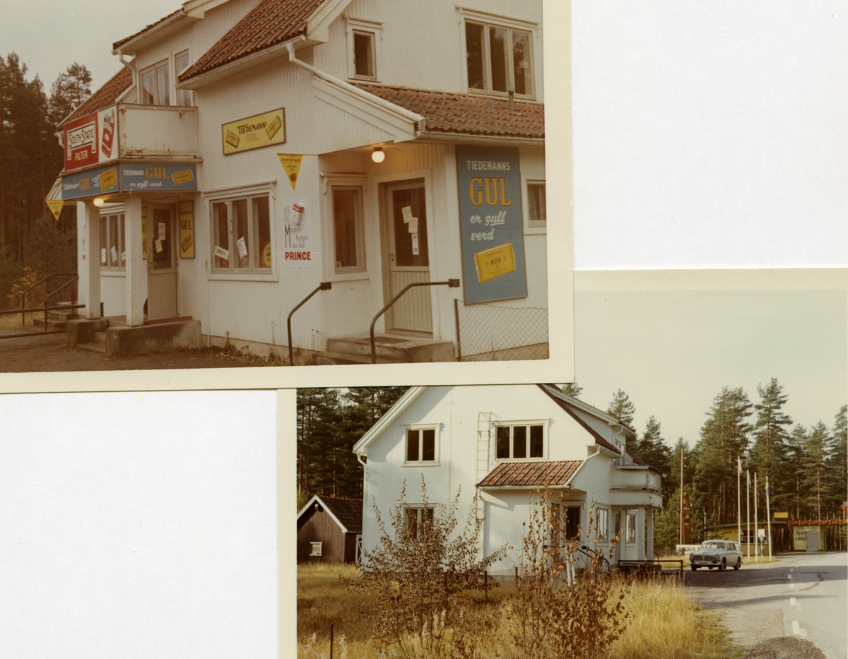 Fotomontasje med to bilder på butikker og kiosker eide av Løken på Magnor, grensehandel ved svenskegrensen.