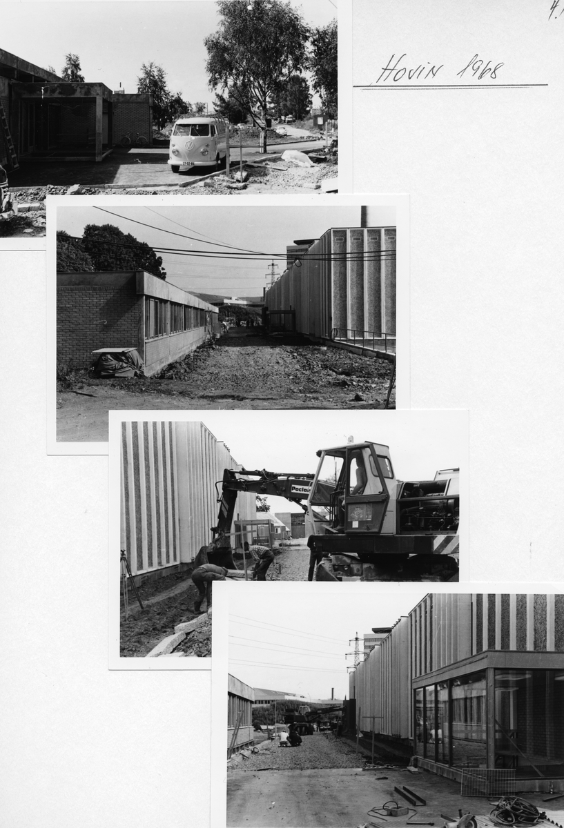 Byggeplass. 
Konstruksjon av J. L. Tiedemanns Tobaksfabrik på Hovin i 1968. Dette er et montasje av fire fotografier som bland annet viser bygningsarbeidere som arbeider med omgivelsene rundt de ferdige fabrikkbygningene.