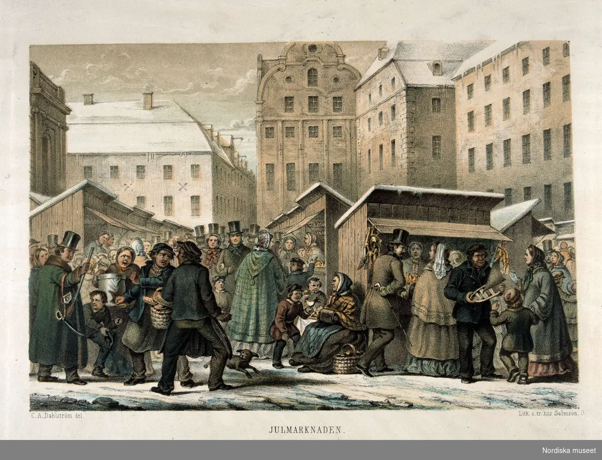 Julmarknad på Stortorget i Stockholm. Litografi av C A Dahlström, trol. 1850-tal.