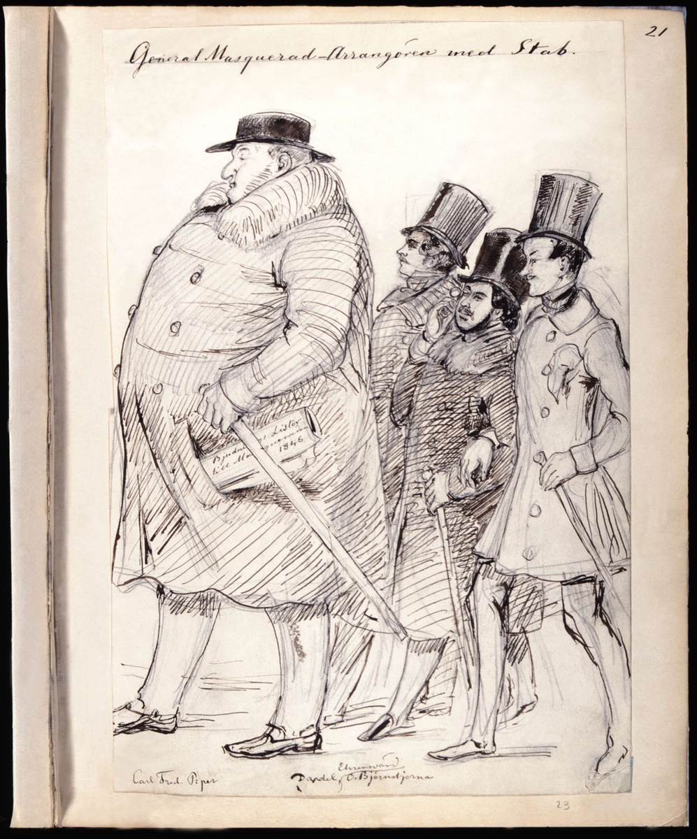 "'General Masquerad-Arrangören med stab'. Carl Fred. Piper, Dardel, Ehrnman, O. Björnstjerna." Akvarell av Fritz von Dardel, 1845