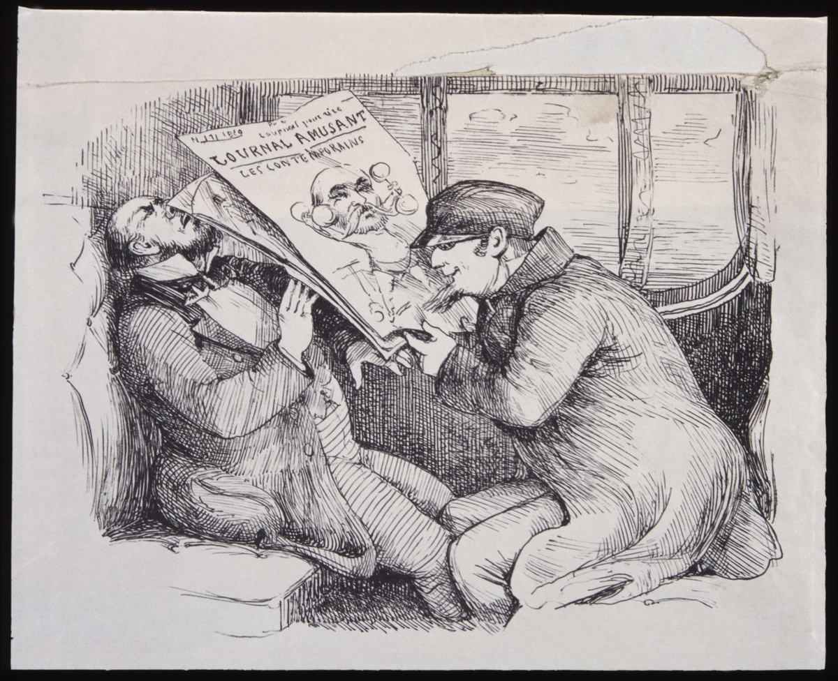 Två män i en tågkupé. Tusch av Fritz von Dardel