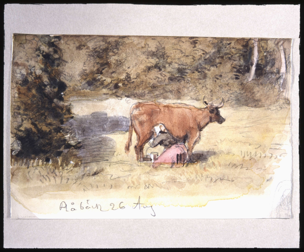 Ko mjölkas av mjölkpiga." Råbäck 26 augusti." Akvarell av Fritz von Dardel