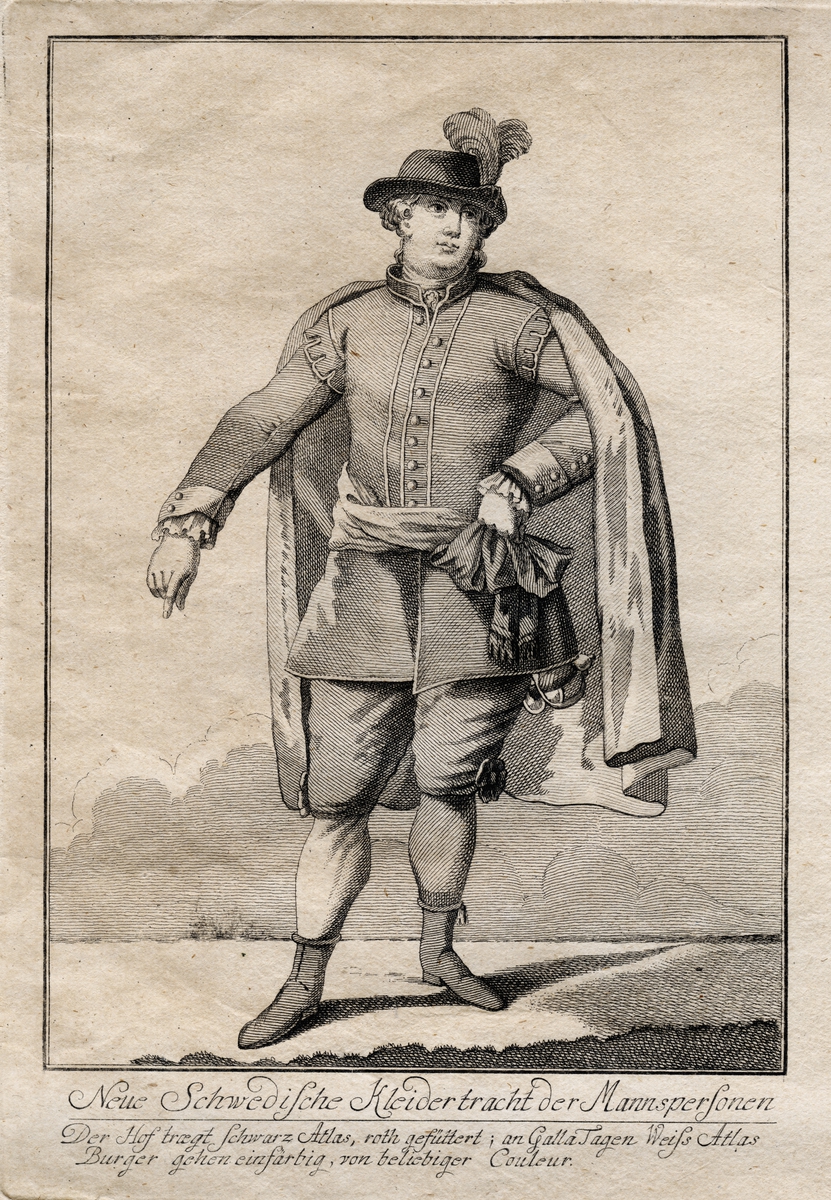 Gustaf III:s nationella dräkt. "Neue Schwedische Kleidertracht der Mannspersonen." Herre i svenska dräkten. Gravyr av okänd kostnär, trol. ca 1780.