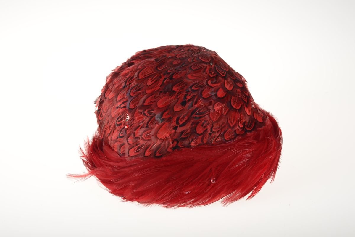 Liten pyntehatt laget av metallramme tregt med nettingstoff. På hele hatten er det festet rødefjær som antagelig er farget. Noen røde stener er festet på fjærene. Innvendig er hatten kantet med fløyelsstoff.