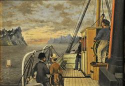 Passasjerer, styrmann og kaptein ombord i dampskip [Oljemale