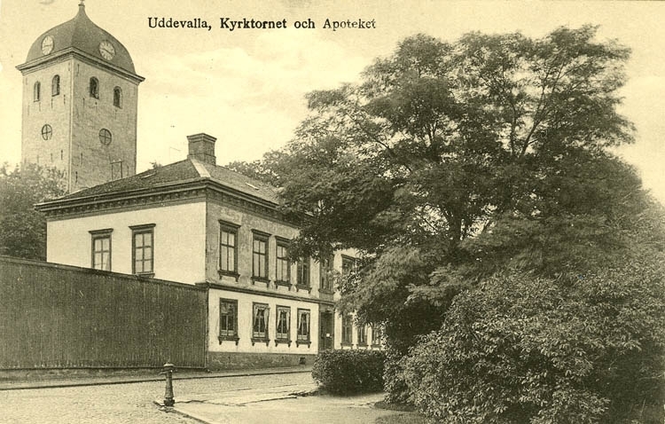 Tryckt text på bilden: "Uddevalla kyrktorn och Apoteket." 
 
"Förlag: Rosa Nilsson Pappershandel, Uddevalla."