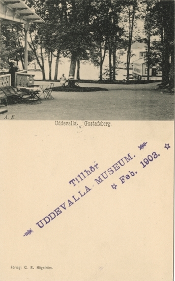 Tryckt text på vykortets framsida: "Uddevalla, Gustafsberg."