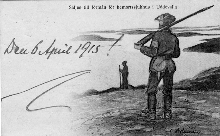 Tryckt text på vykortets framsida: "Säljes till förmån för hemortssjukhus i Uddevalla."
