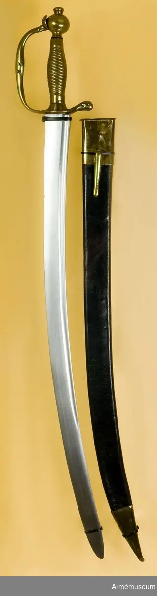 Grupp D II. 
Pilhöjden är 25 mm och klingans bredd vid fästet är 35 mm. Huggaren är lik AM 60194, men parerstångens främre arm är bortfilad, liksom att den skruv, som hållit fast handbygelns övre ände vid knappen, har ersatts med en klumpig järnnit. Upptill på klingans yttersida finns en P-stämpel. På hanbdygelns yttersida är ett par korslagda pilar och siffran 2 inslagna. På samma sida av parerstångens bakre arm finns en stämpel med ett W och längre bak är siffran 8 inslagen.