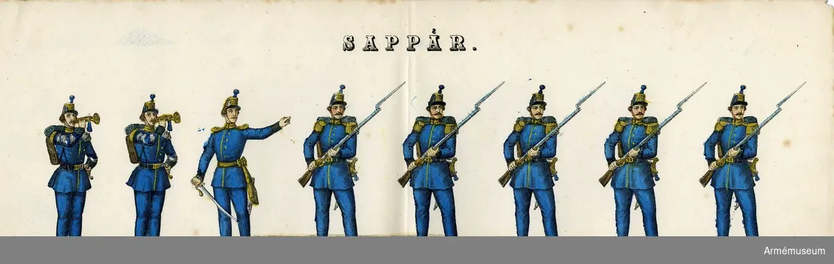 Grupp M I.
Kolorerad litografi föreställande "Sappör". 4 st blad med 8 figurer vardera. H. Lederer i Stockholm (1860-69). 