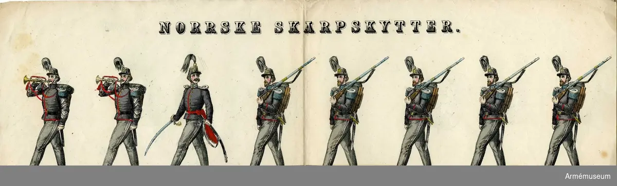 Grupp M I.
Kolorerad litografi föreställande "Norska Skarpskytter". 4 st blad med 8 figurer på varje. H. Lederer i Stockholm (1860-69). 
