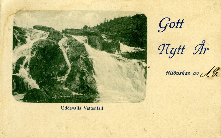 Notering på kortet: Uddevalla Vattenfall. Gott Nytt År tillönskas av