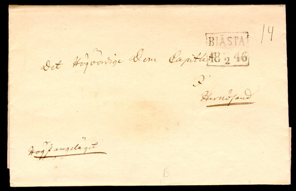 Text: Brevomslag från Biästa den 21 februari 1846 till Hernösand

Albumblad innehållande 1 monterat förfilatelistiskt brev

Stämpeltyp: Normalstämpel 7  typ 2