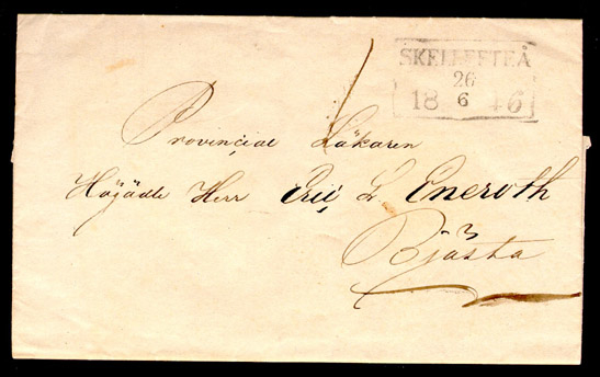 Text: Brevomslag från Skellefteå den 26 juni 1846 till Bjästa

Albumblad innehållande 1 monterat förfilatelistiskt brev

Stämpeltyp: Normalstämpel 7  typ 1