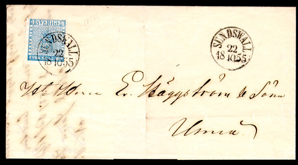 Albumblad innehålande 1 monterat frankerat brev

Text: 4 sk bco on letter from Sundswall 1855, Oct 22 (normal
cancellation 10) to Umeå

Stämpeltyp: Normalstämpel 10