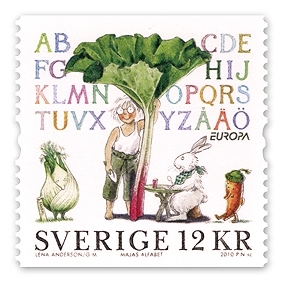 Barnboks illustrationer: Majas alfabet av Lena Andersson. Bokstäver, grönsaker, barn och djur.