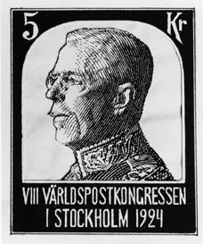 Frimärksförlaga till frimärket VIII:e Världspostkongressen, utgivet 1924. Infälld fotografisk reproduktion av det av Emil Österman tecknat porträtt för typ Gustaf V profil 1921. 
Valör 5 kr.