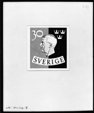 Bidrag till 1951 års tävling om ny frimärkstyp med Gustaf VI Adolfs porträtt. Konstnär: Anders Beckman. Motto: "Märk-värdig I" och "Märk-värdig II ". Förslag "Märkvärdig II". Valör 30 öre.