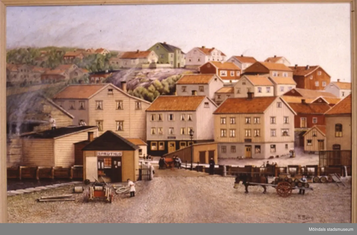 Gamla torget i Kvarnbyn, Mölndal.
En tavla målad av den naivistiske mölndalskonstnären Knut Berg.