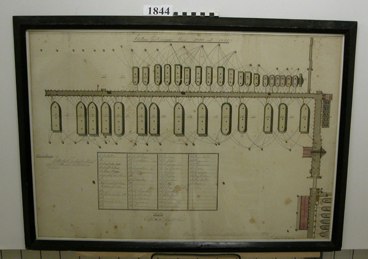 Ritning flottans förtöjningar åren 1840-1841. Inom glas och ram