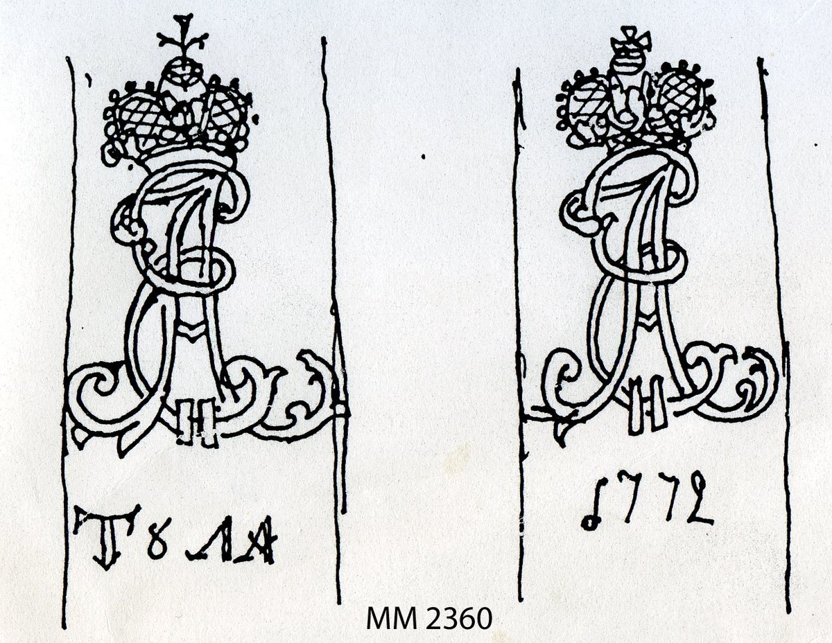 Infanterisabel märkt "EA" med krona (= Katarina II:s namnchiffer)Â samt "Tula". Huggaren är enligt Armémuseum i Stockholm rysk, tillverkad i Tula 1772.