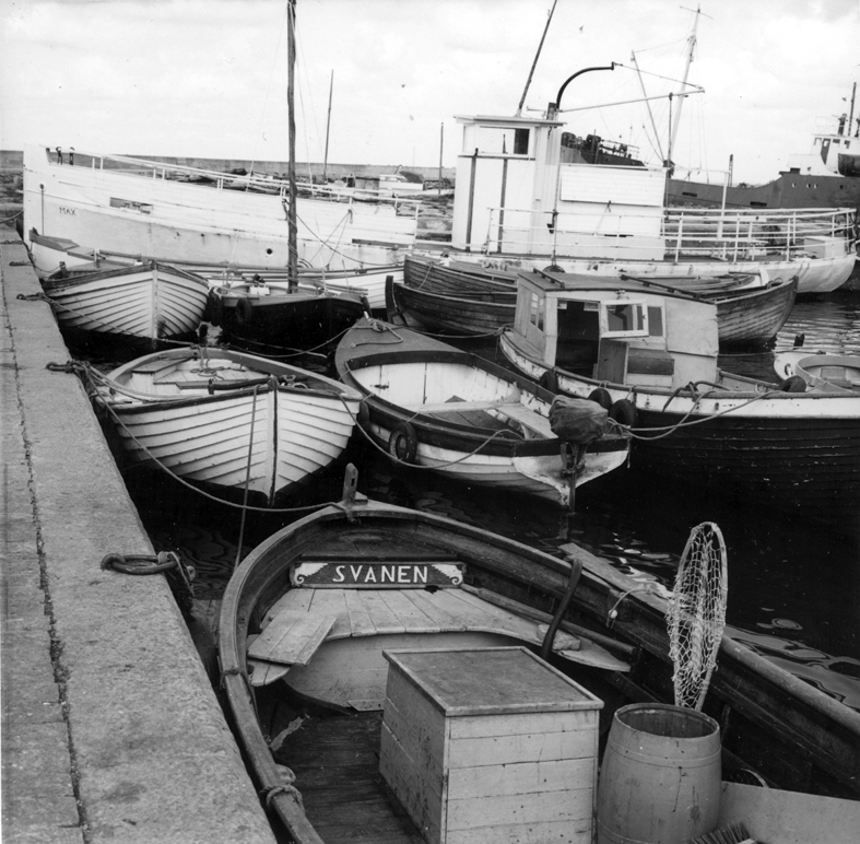 Skåne, Torekov, hamnplanen väster om inre hamnen. Tv en skånesnipa. I mitten en plattbottning med svagt hjärtforming med svagt hjärtformig akterspegel, th babordssidan av en skånesnipa. Juni 1962