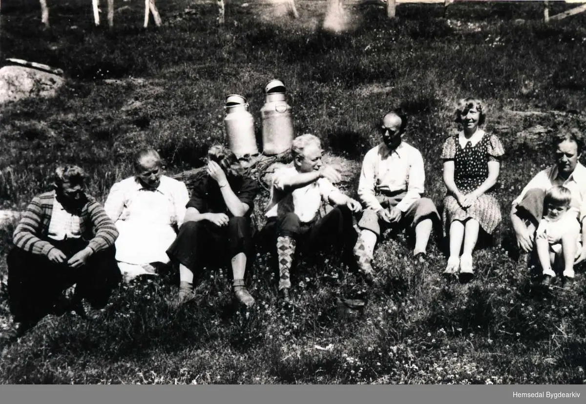 Søre Finsetvollen 71/2 i Hemsedal, ca. 1942
Frå venstre: Ola A. Finset; Margit Finset; Randi Antonsen; Arne Finset; Sigurd Antonsen; Lilly Antonsen; Olaf Antonsen med Per Antonsen