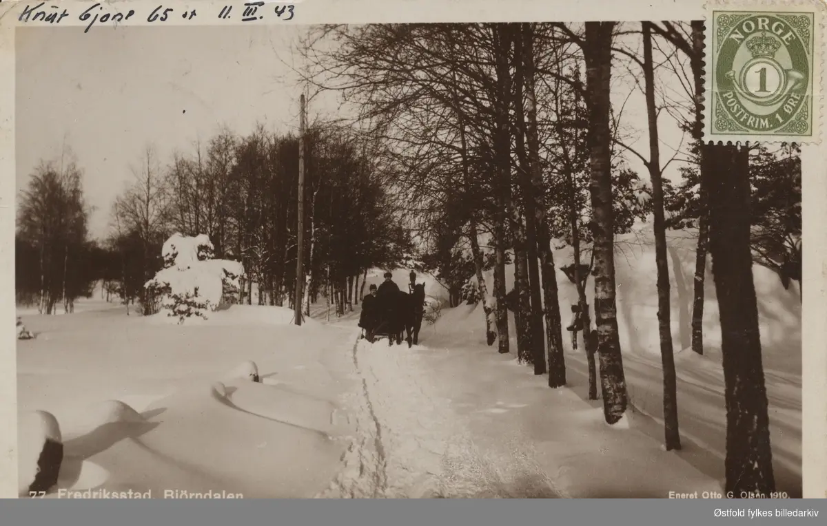 Vinterlandskap fra Bjørndalen i Fredrikstad ca. 1910. Hest og slede samt kusk og passasjer. 

Del av Fredrikstadmarka.