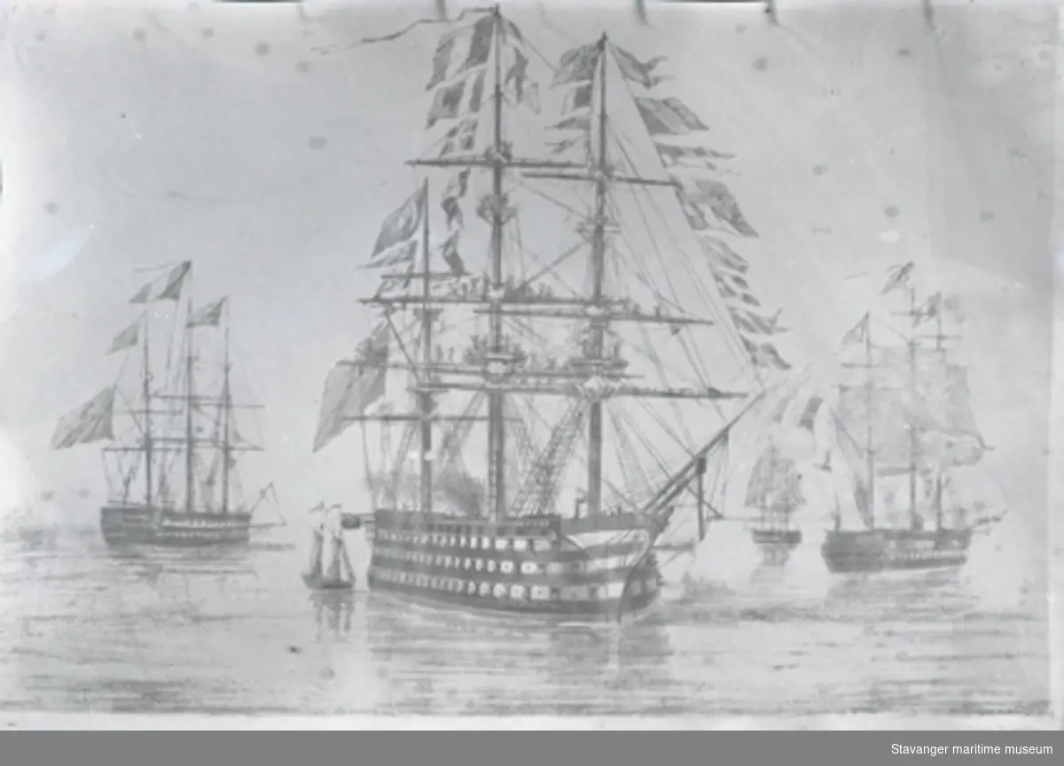 Avfotografert skisse av "Wellington" 74 gun third rate ship of the line of the Royal Navy (Storbrittania), 1816.