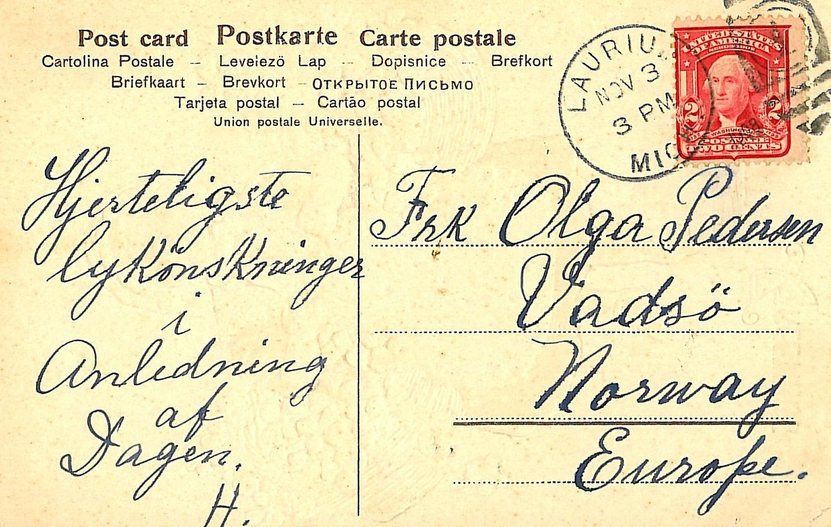 Avfotografert postkort som ble sendt fra emigrerte vadsøværinger i USA til slekt og venner i Norge.