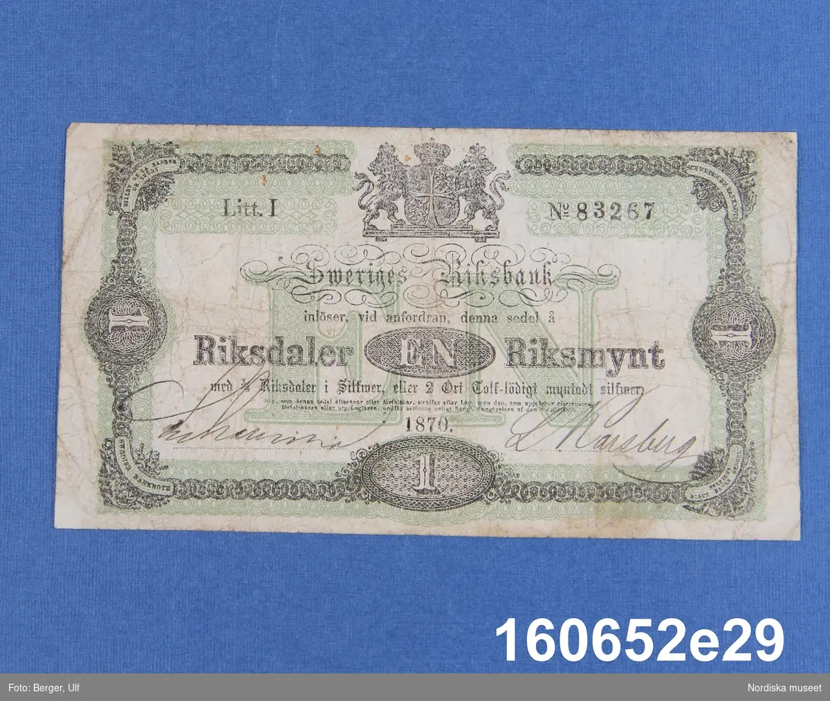 Sveriges Riksbank, 1 riksdaler riksmynt. Daterad 1870, litt I nr 83267.