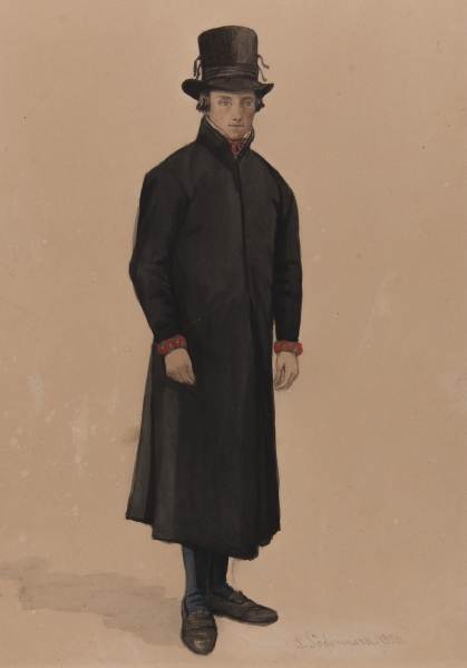 Man i svart rock. Akvarell av P Södermark 1850