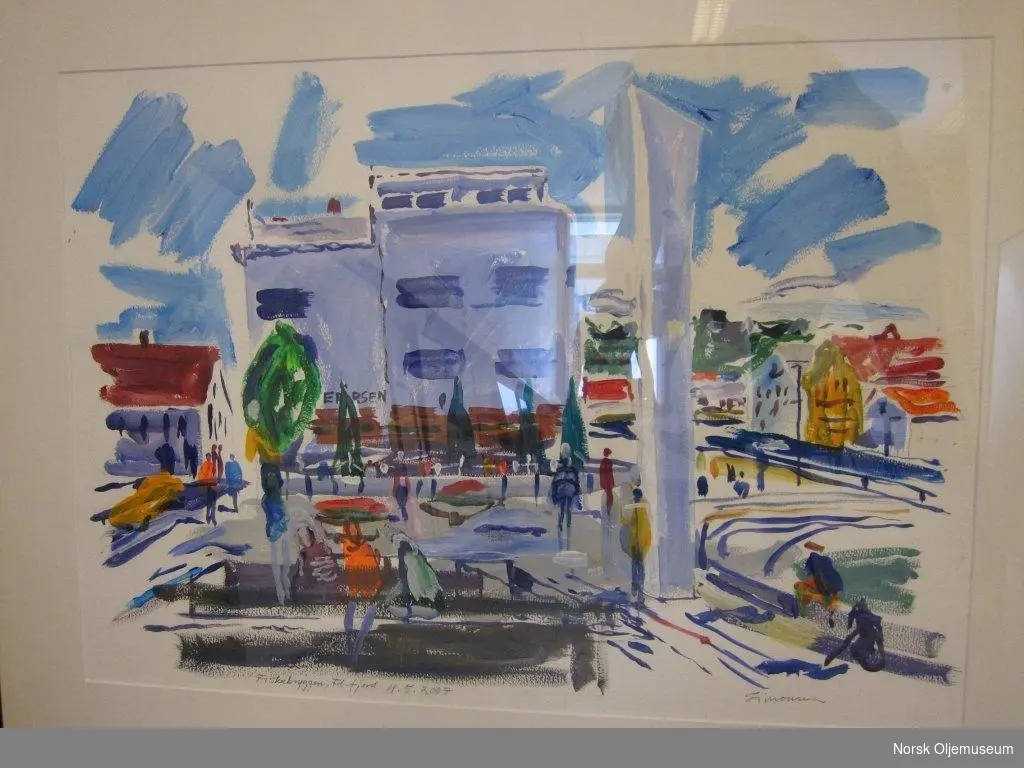 Kunstverk av John Simonsen som var planlagt at skulle utsmykke den nye prosess- og boligplattformen på Valhallfeltet. Maleriet viser et bylandskap hvor blått er en sentral farge.