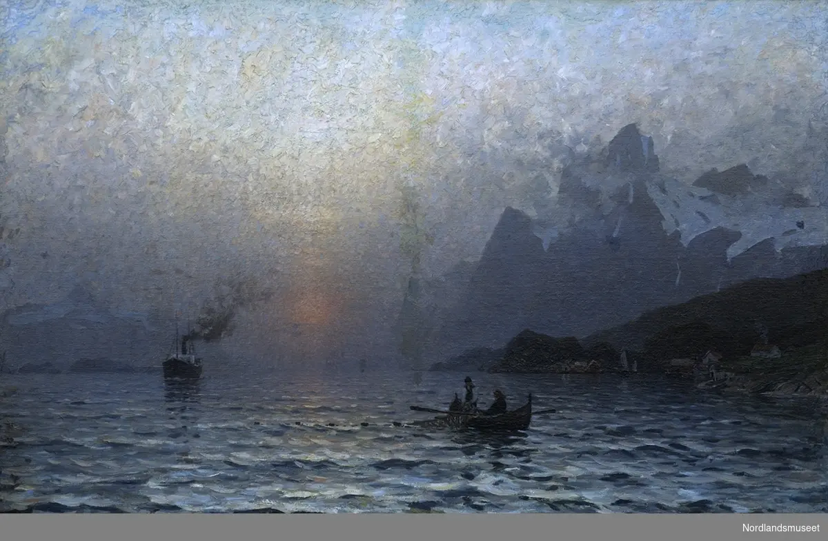 Maleri av Adelsten Normann. Motiv: dampbåt, nordlandsbåt, hav og bratte fjellsider.