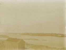 Ei klynge av mange naust, hus og fiskerelaterte bygninger på