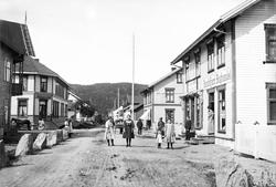 Gateparti fra Jevnaker. 
Skilt med tekst: 
Randsfjord Bogh