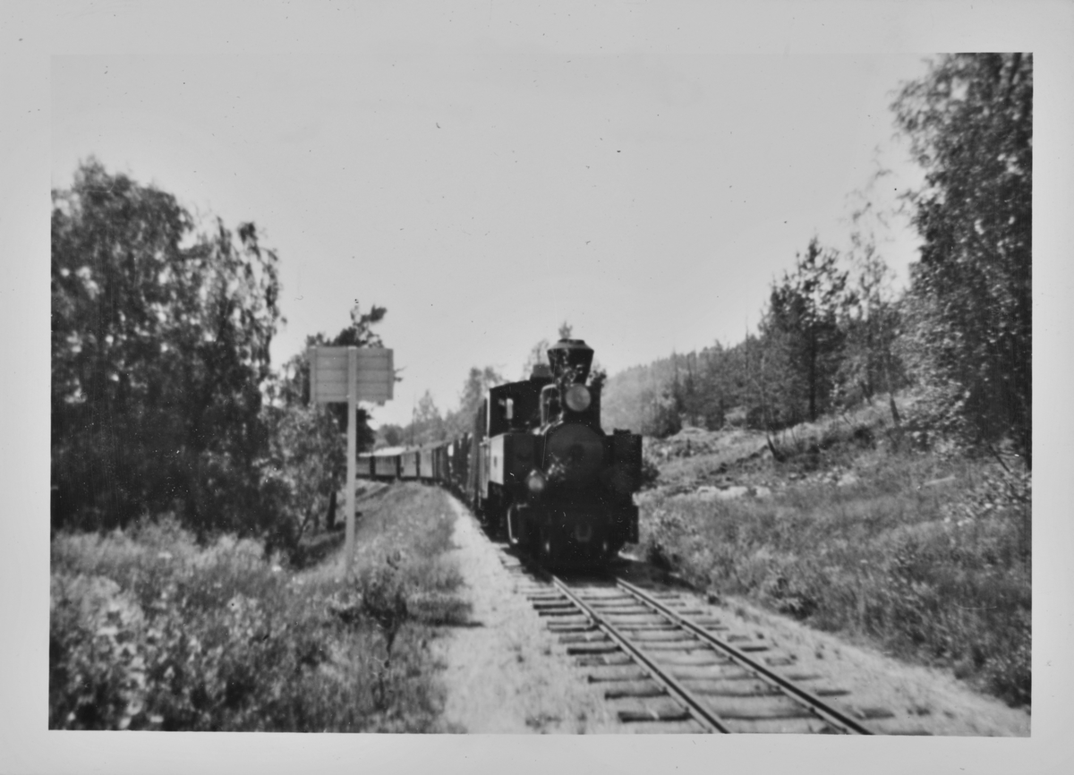 Tog retning Sørumsand trukket av damplokomotiv 7 PRYDZ like syd for Hornåseng stasjon.
