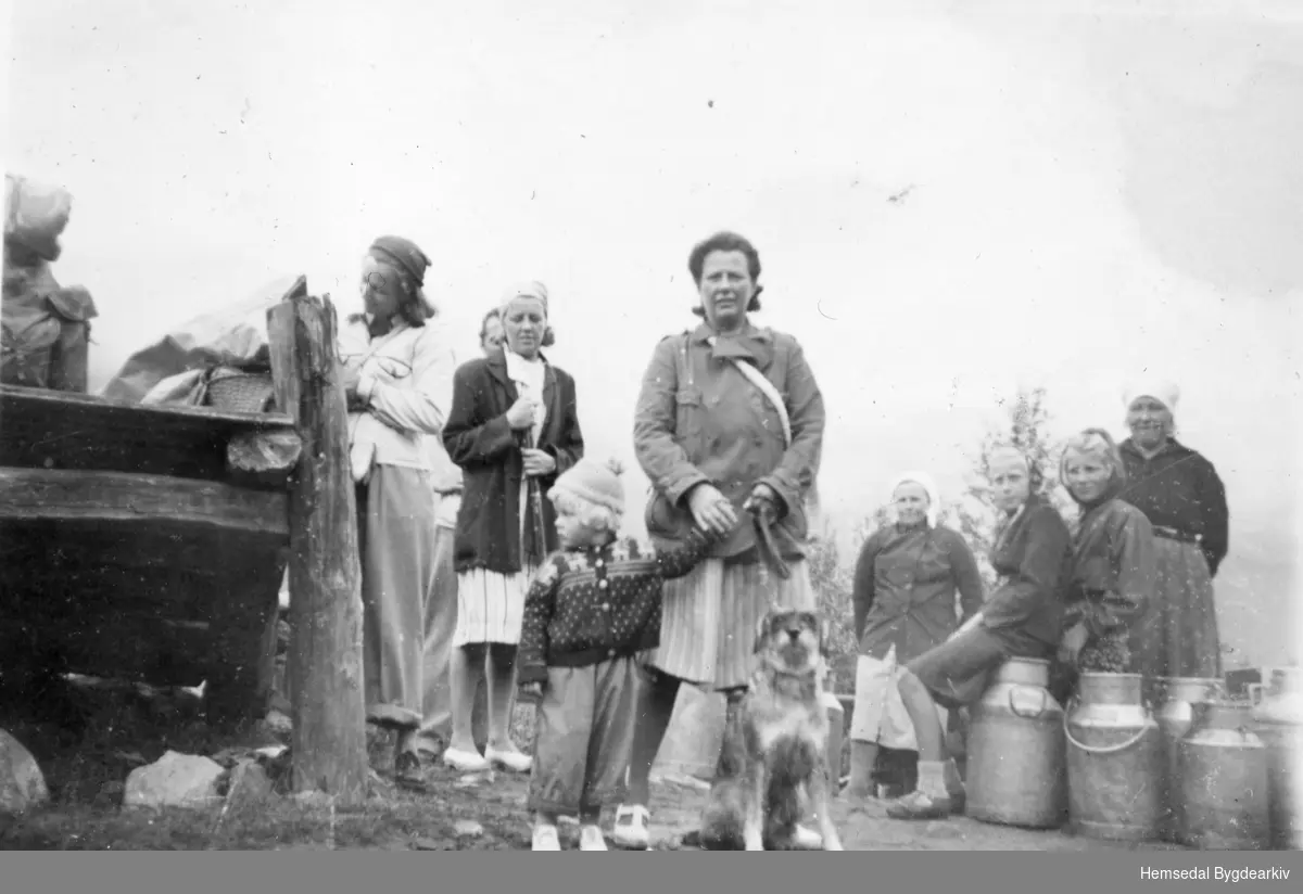 Ved mjølkerampa på stølsområdet Heggeslettene i Hemsedal, ca. 1945.
Frå venstre: Kari Brandvoll (1894-1976); Borghild Haugen, fødd 1932; Ingrid Haugen, fødd 1934; Sigrid Haugen (1891-1958). Dei hine er byfolk.