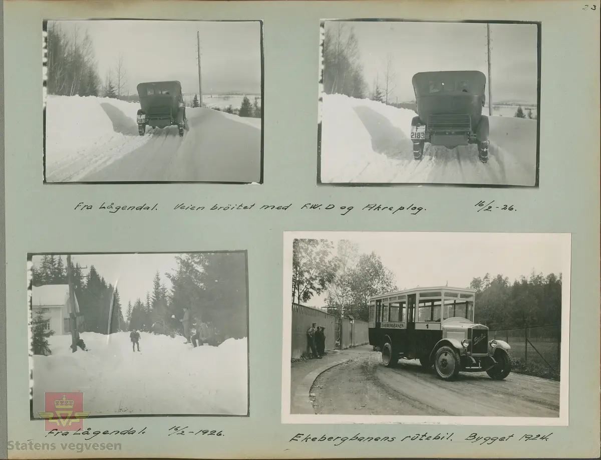 Album fra 1918-1934, "Snebrøyting."   I følge merking: "Fra Lågendal 16.02.1926." Lågendalen er nedre del av dalføret som følger Numedalslågen i Vestfold og Buskerud.