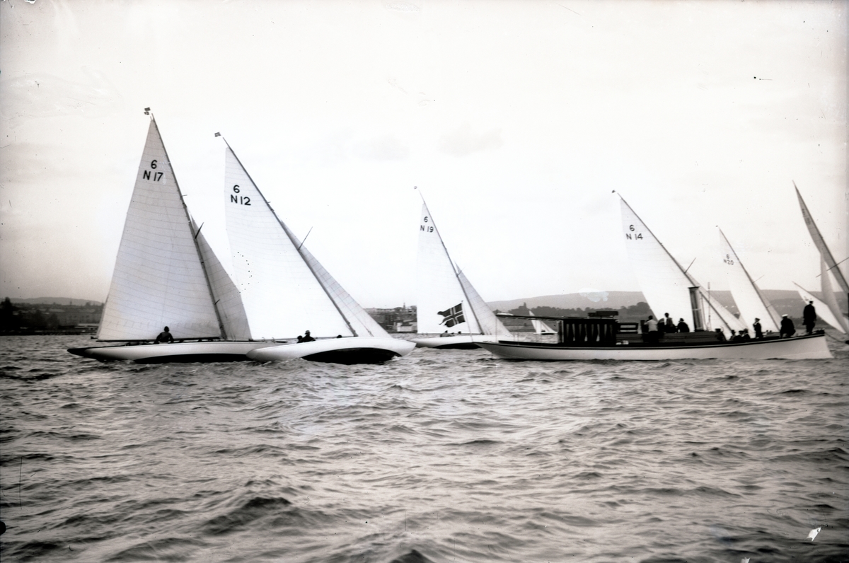 Seilbåter i regatta. 'Oslo' (6 N 17), 'Una 2' (6 N 12), 'Flaks' (6 N 19) og 'Unni' (6 N 14) i Kongens serieseilaser august 1925.