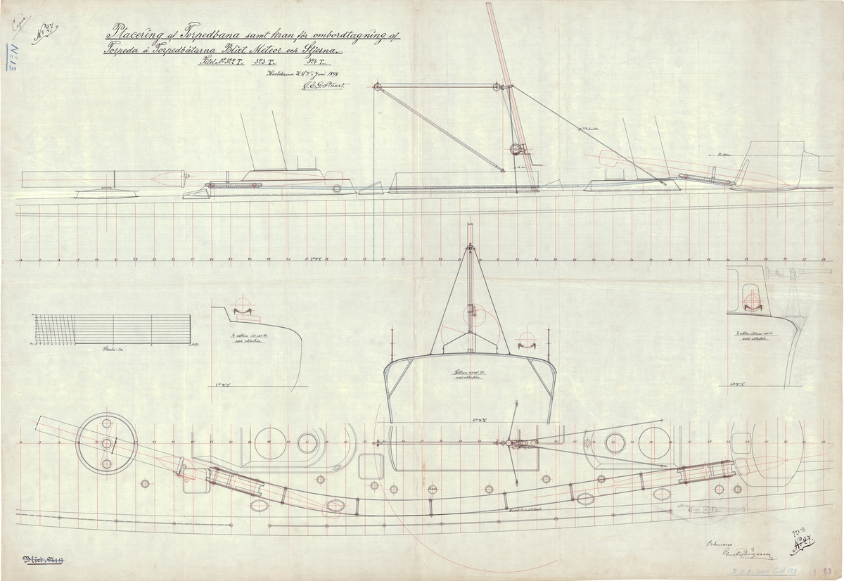 Sammanställningsritning å placering av torpedbana samt kran för ombordtagning