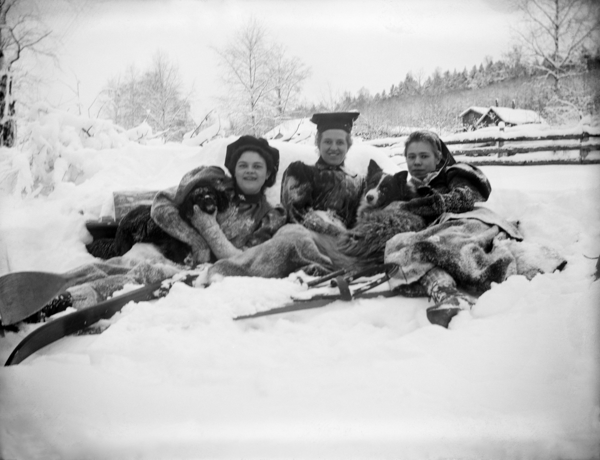 Tre kvinner og hunder ligger i snøen. To av dem er nevnt som fru Brun og frk. Bjerke