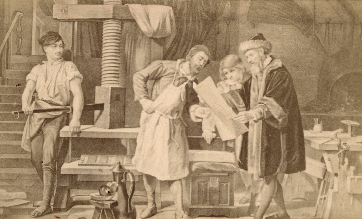 Boktryckerikonstens uppfinnare Johann Gutenberg i sin verkstad. Illustration från 1860-talet.