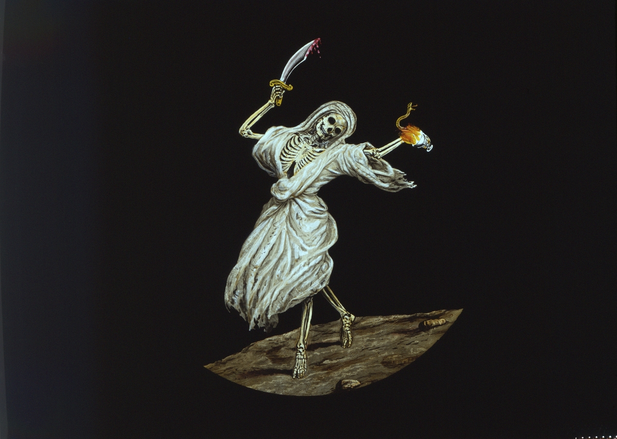 Skioptikon målad i färg på glasskiva.
Motiv av döden: "At last it biteth like a serpent, and stingeth like an adder".