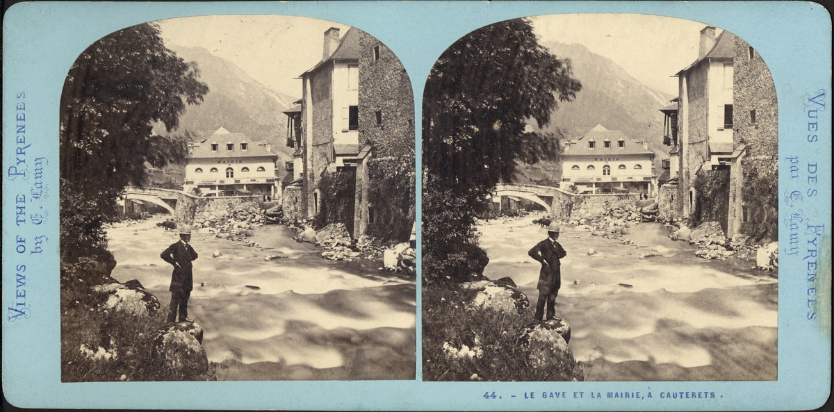 Stereobild av man vid bäcken i Cauteres, Pyrenéerna.