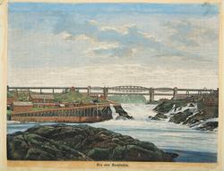 Kolorert tresnitt : Bro over Sarpsfossen